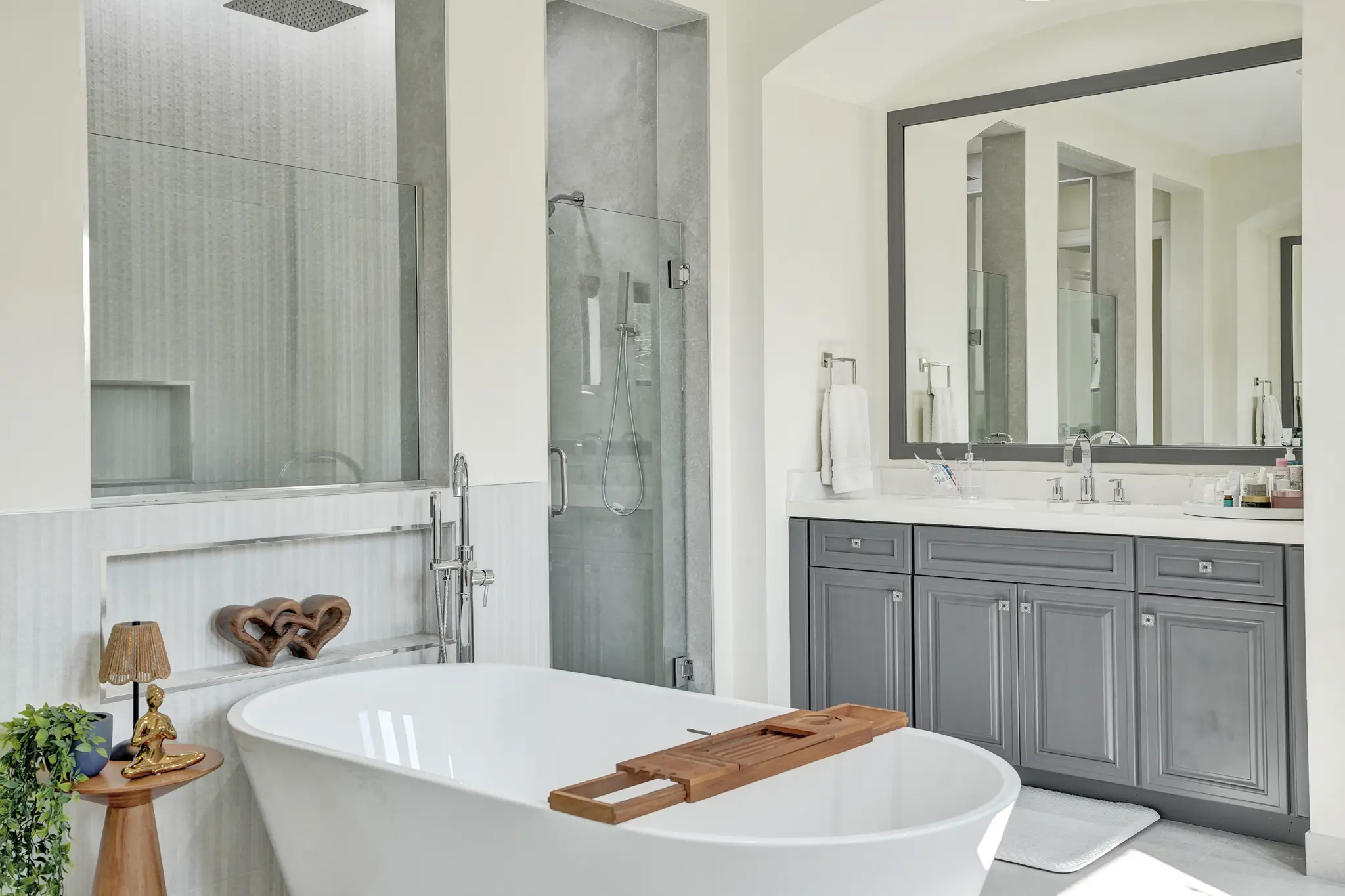 Renovated master bath — soaking tub, rain shower & double vanity