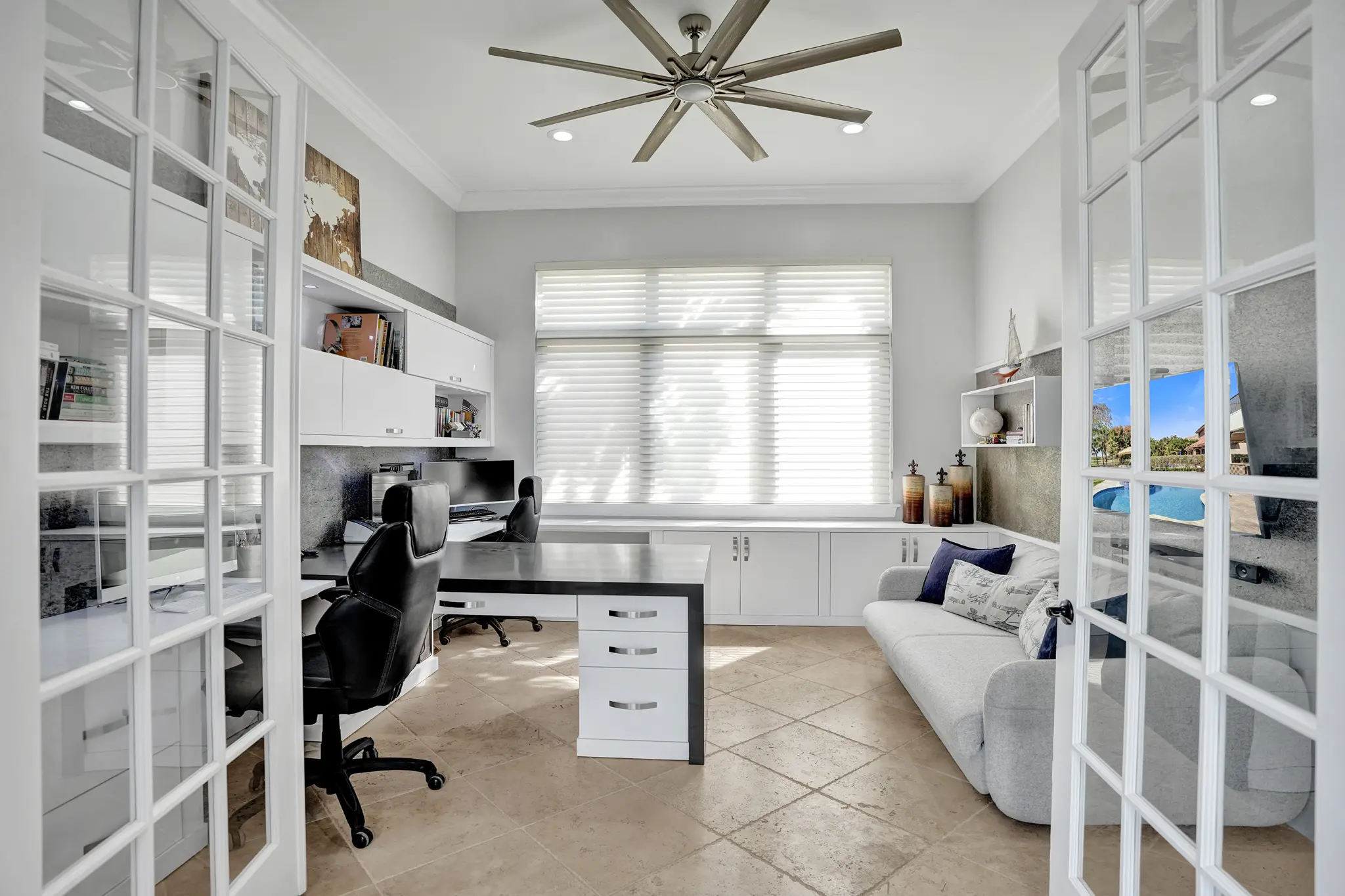 Home office — dual workstation with French doors